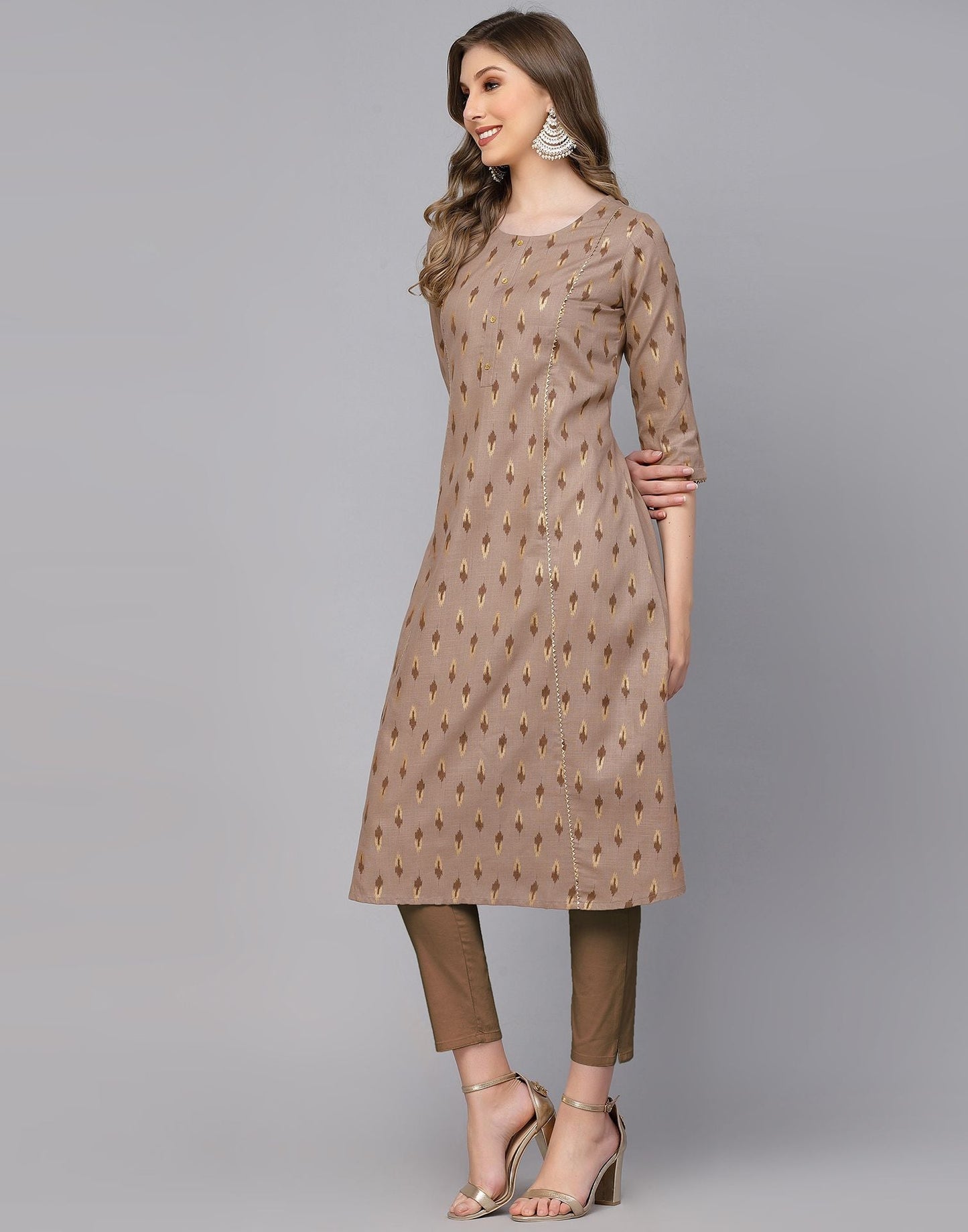 Beige Plain Cotton A-Line Kurta