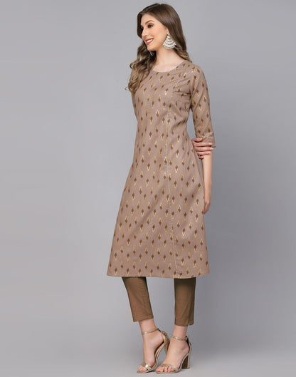 Beige Plain Cotton A-Line Kurta