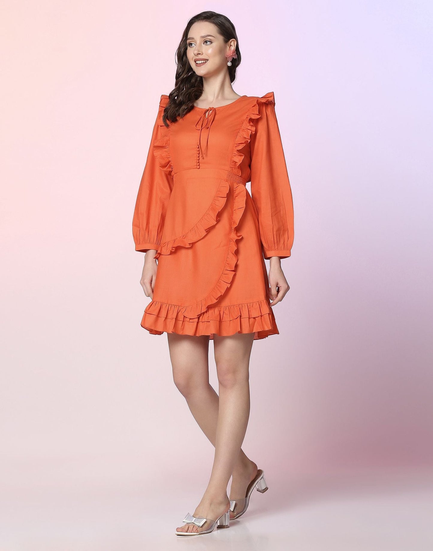 Orange Detailed Ruffle Dress | Leemboodi