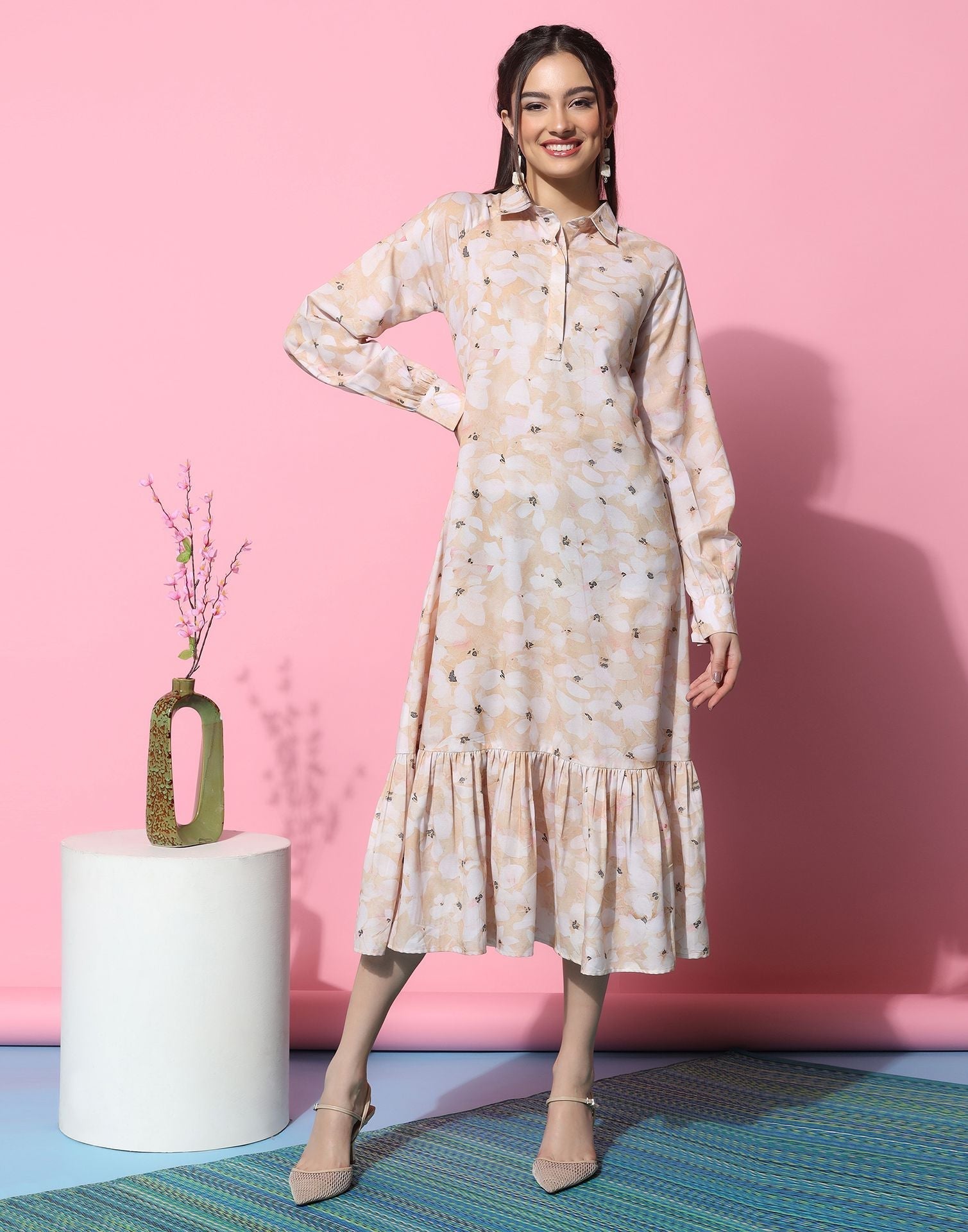 Beige Patterned Shirt Dress | Sudathi