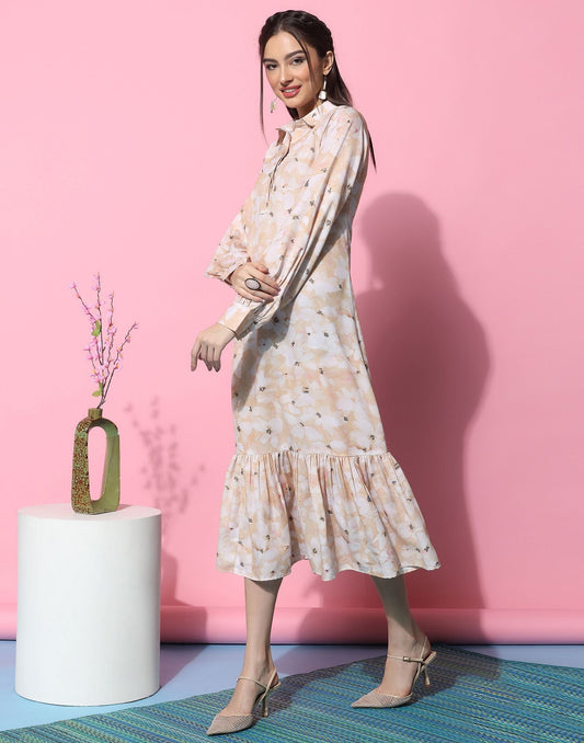 Beige Patterned Shirt Dress | Sudathi