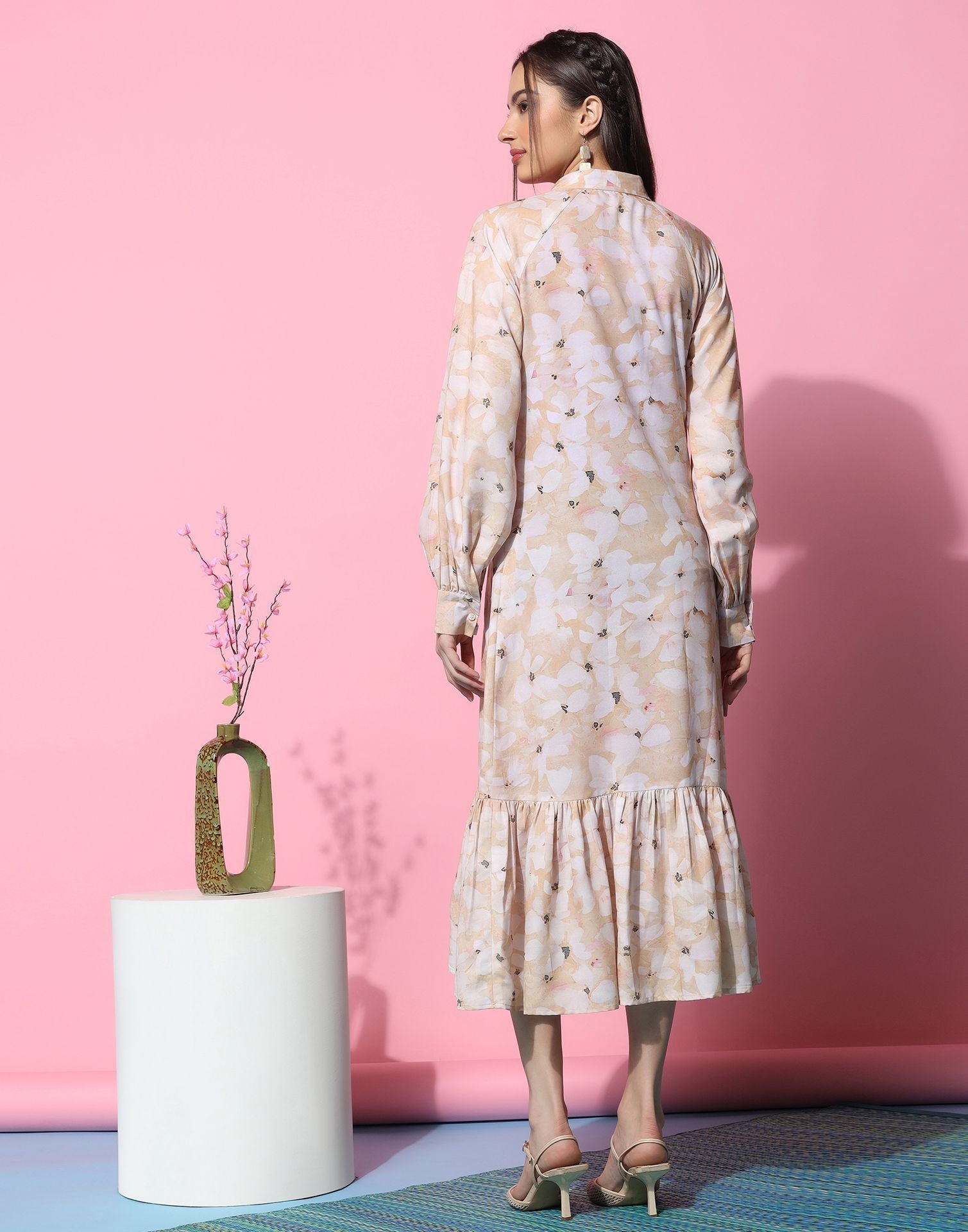 Beige Patterned Shirt Dress | Sudathi