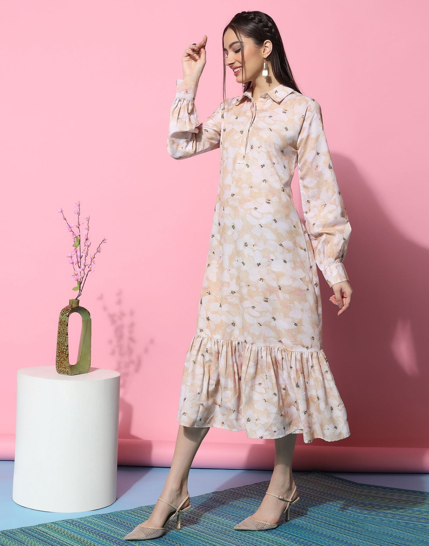 Beige Patterned Shirt Dress | Sudathi