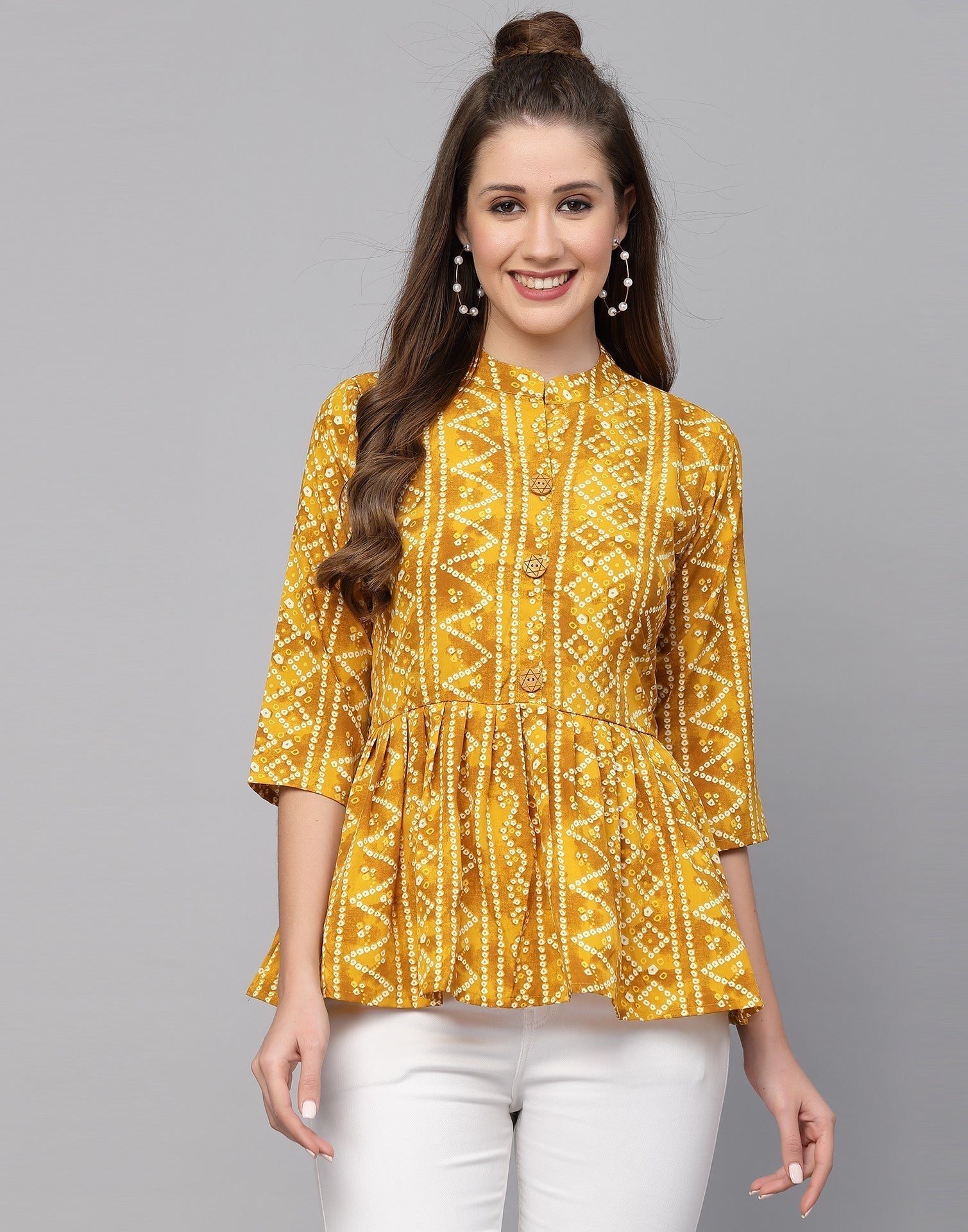 Yellow Gathered Bandhani Printed Top | Leemboodi