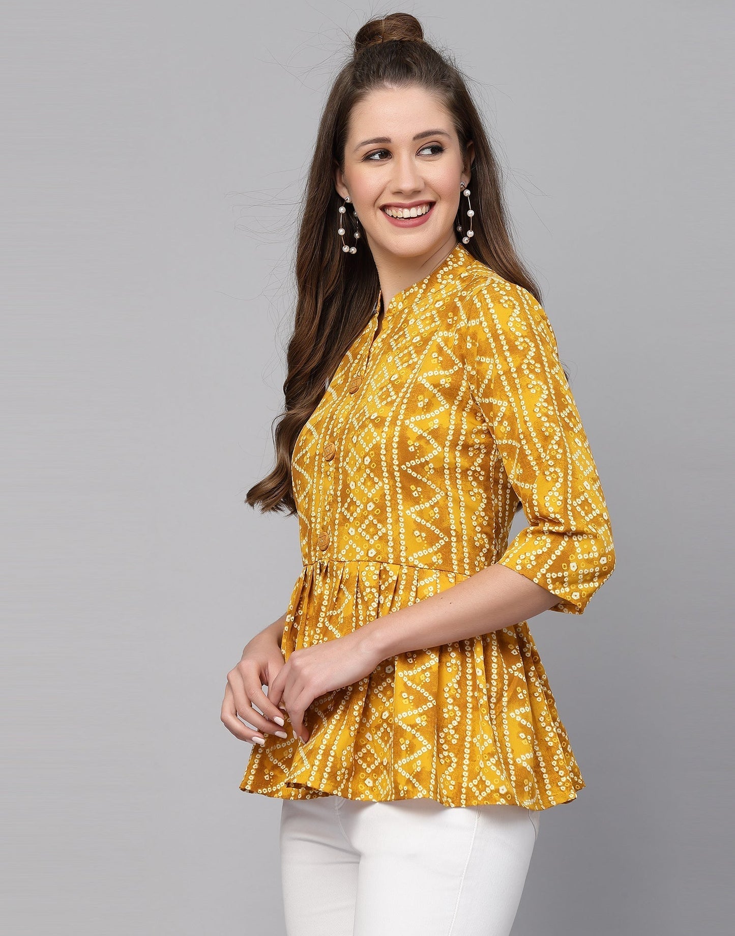 Yellow Gathered Bandhani Printed Top | Leemboodi