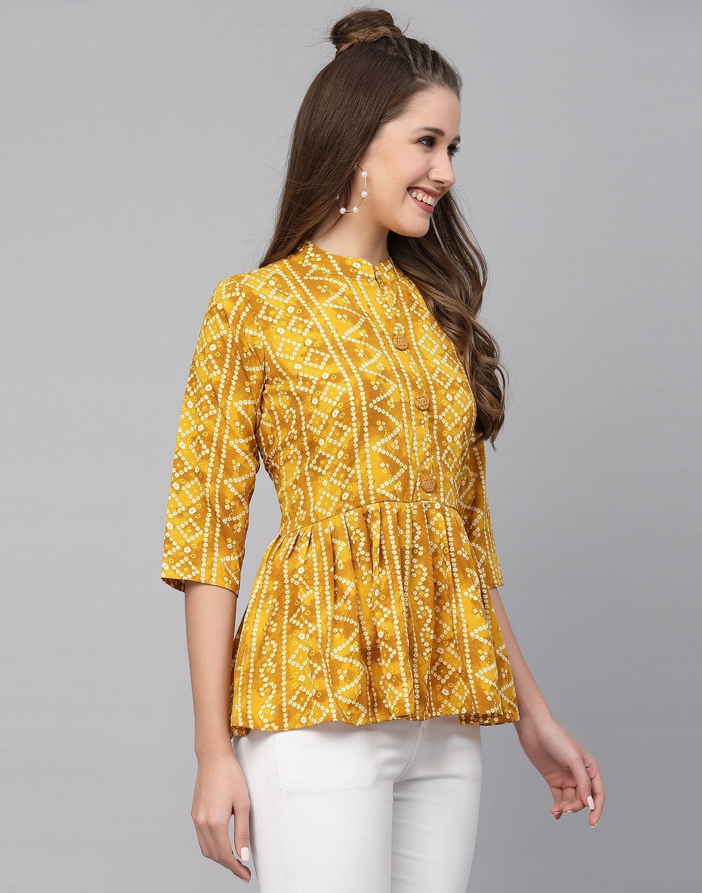 Yellow Gathered Bandhani Printed Top | Leemboodi