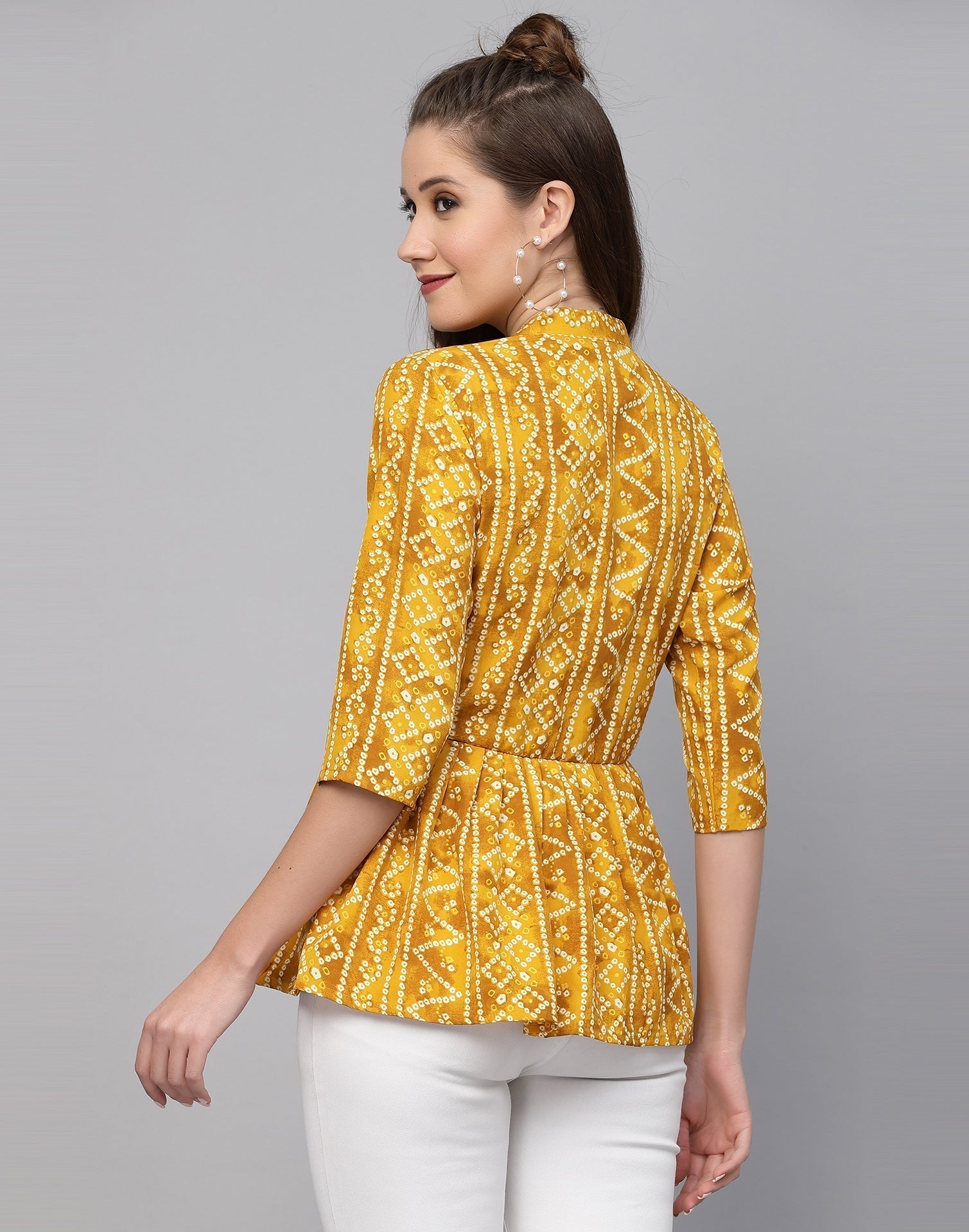 Yellow Gathered Bandhani Printed Top | Leemboodi