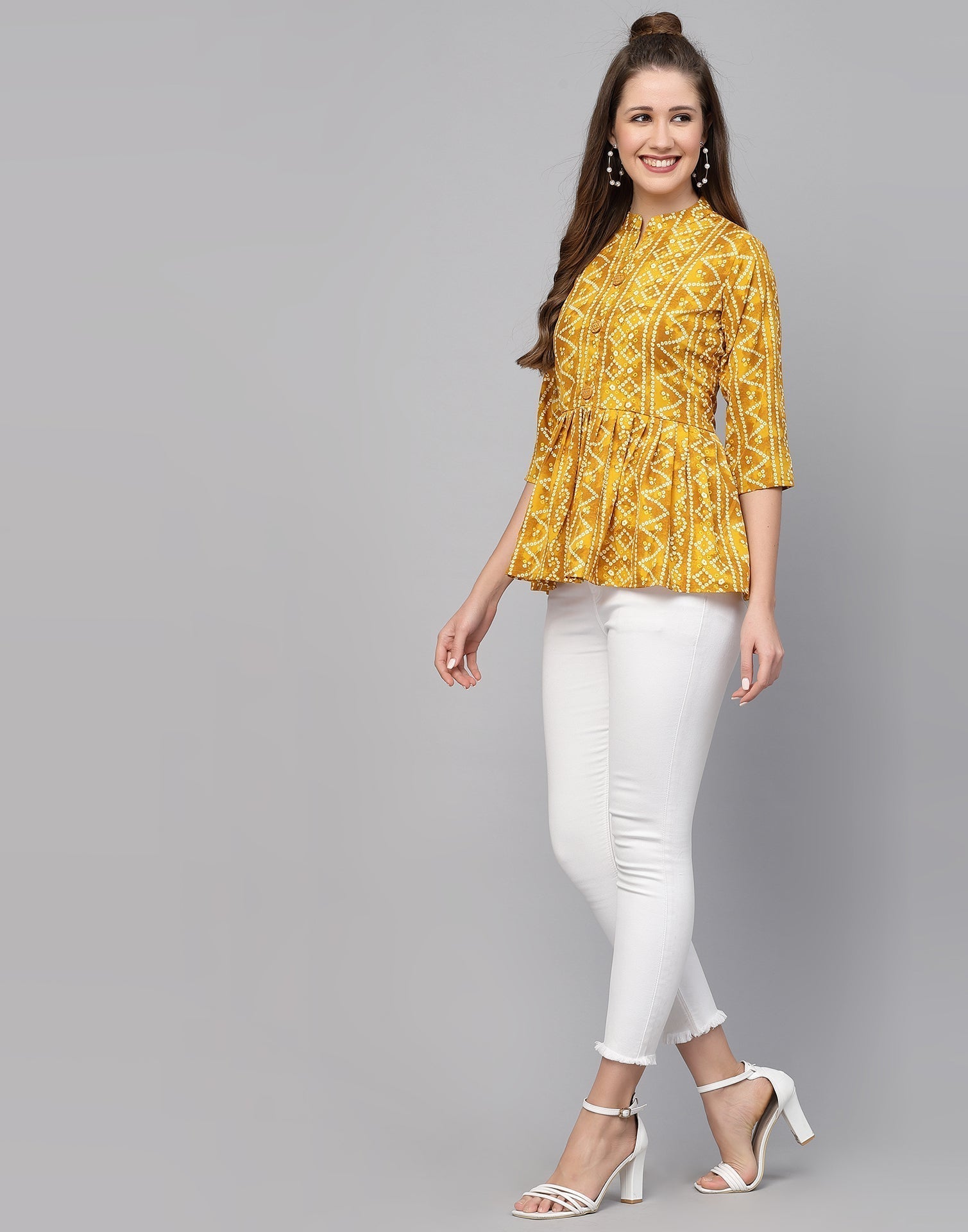 Yellow Gathered Bandhani Printed Top | Leemboodi