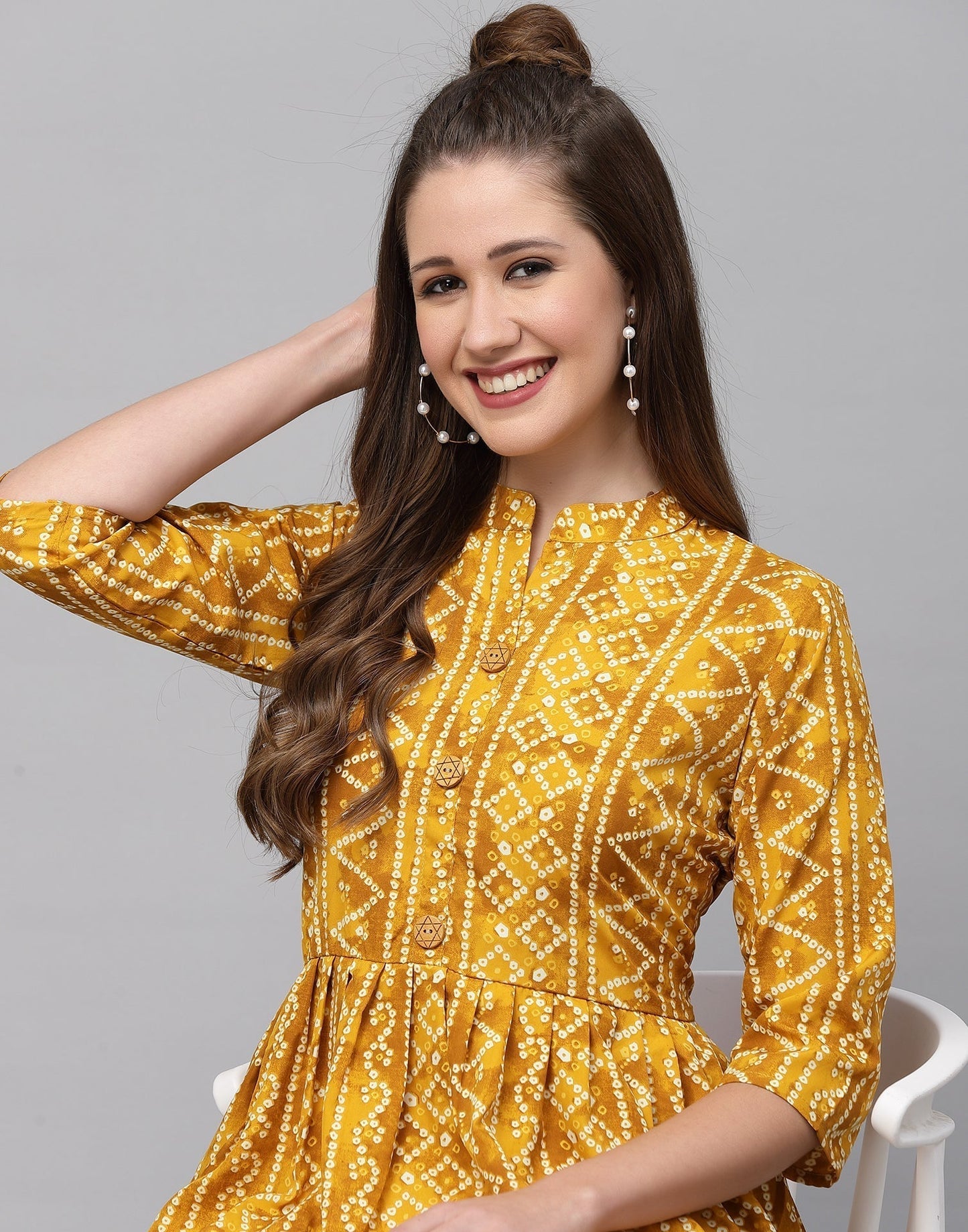 Yellow Gathered Bandhani Printed Top | Leemboodi