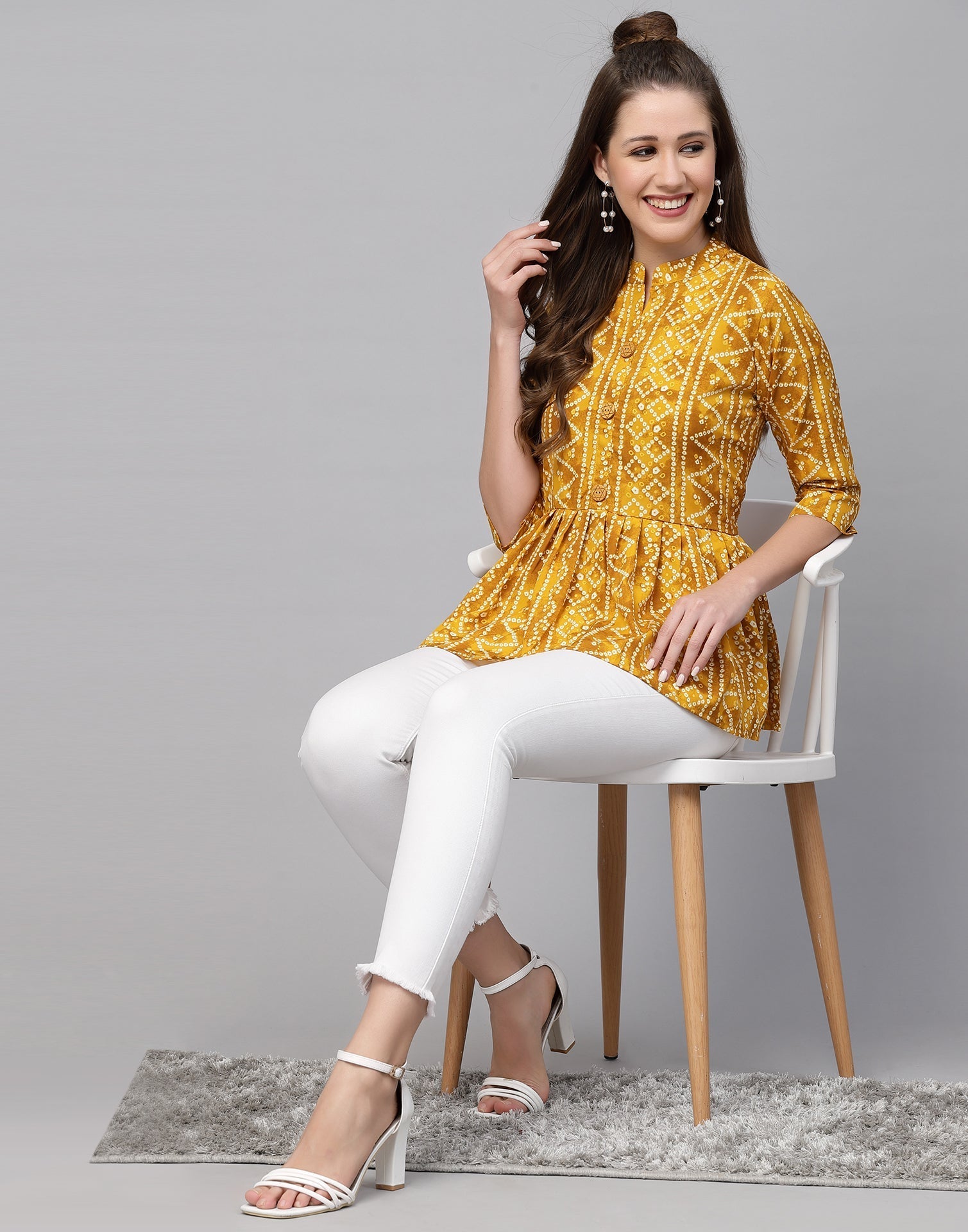 Yellow Gathered Bandhani Printed Top | Leemboodi