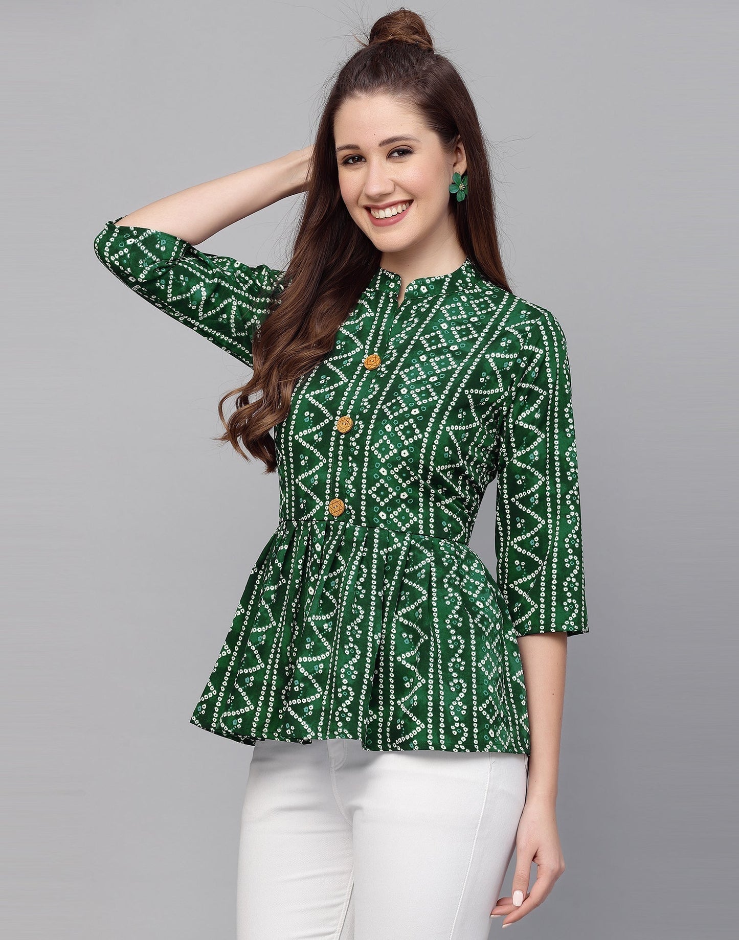 Green Gathered Bandhani Printed Top | Sudathi