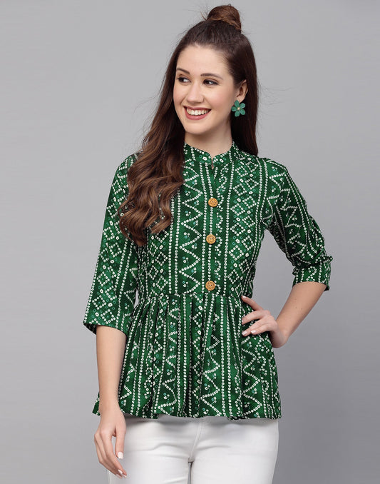 Green Gathered Bandhani Printed Top | Sudathi