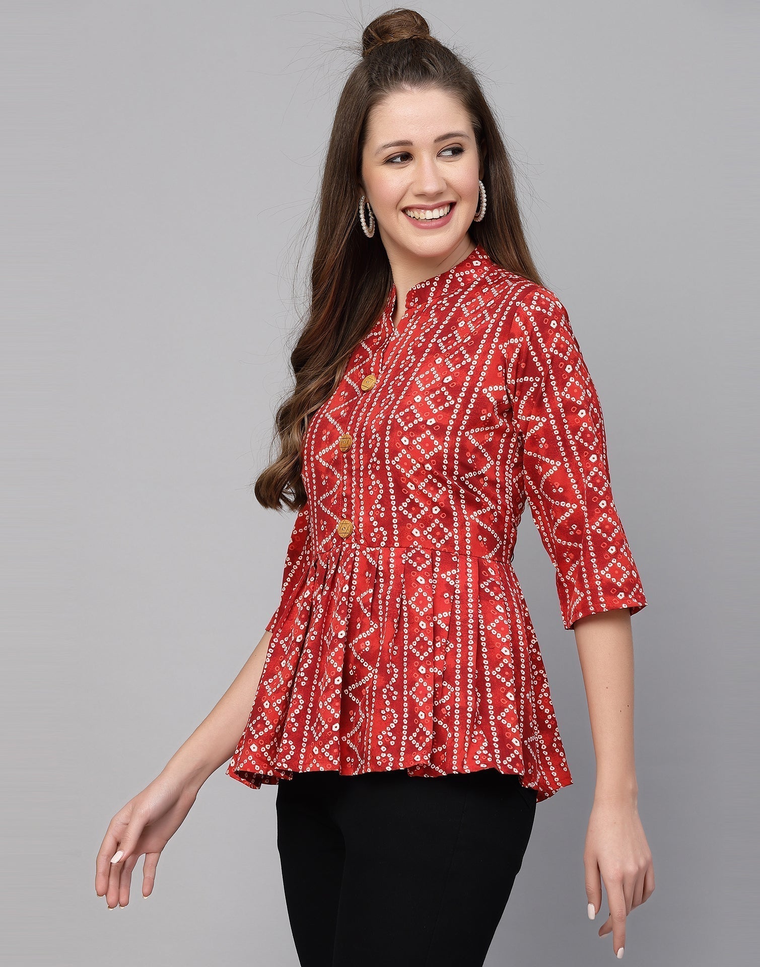 Red Gathered Bandhani Printed Top | Sudathi