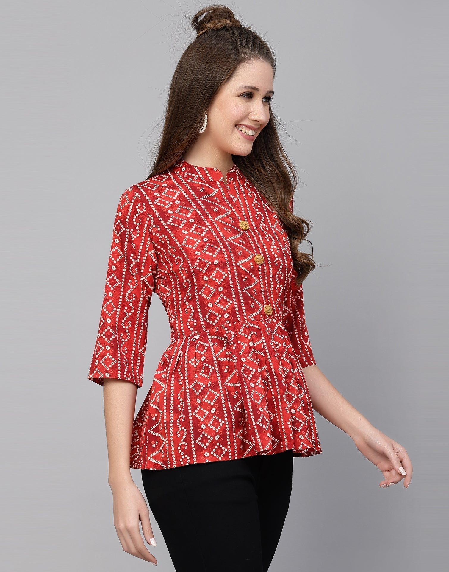 Red Gathered Bandhani Printed Top | Sudathi