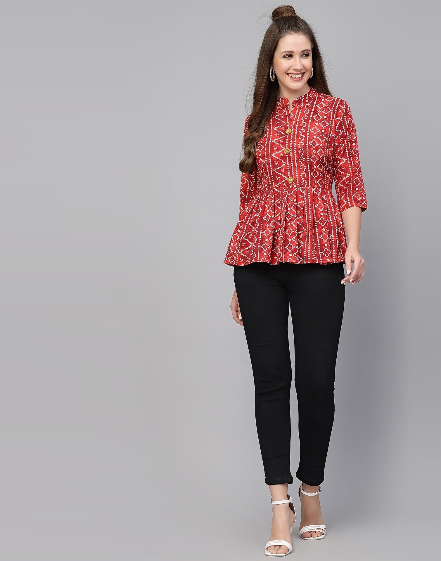 Red Gathered Bandhani Printed Top | Sudathi