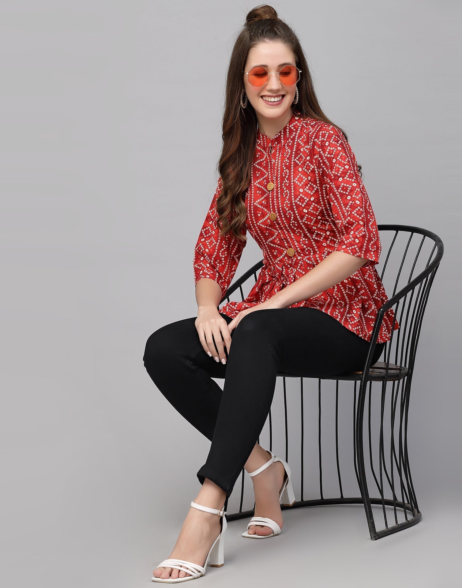 Red Gathered Bandhani Printed Top | Sudathi