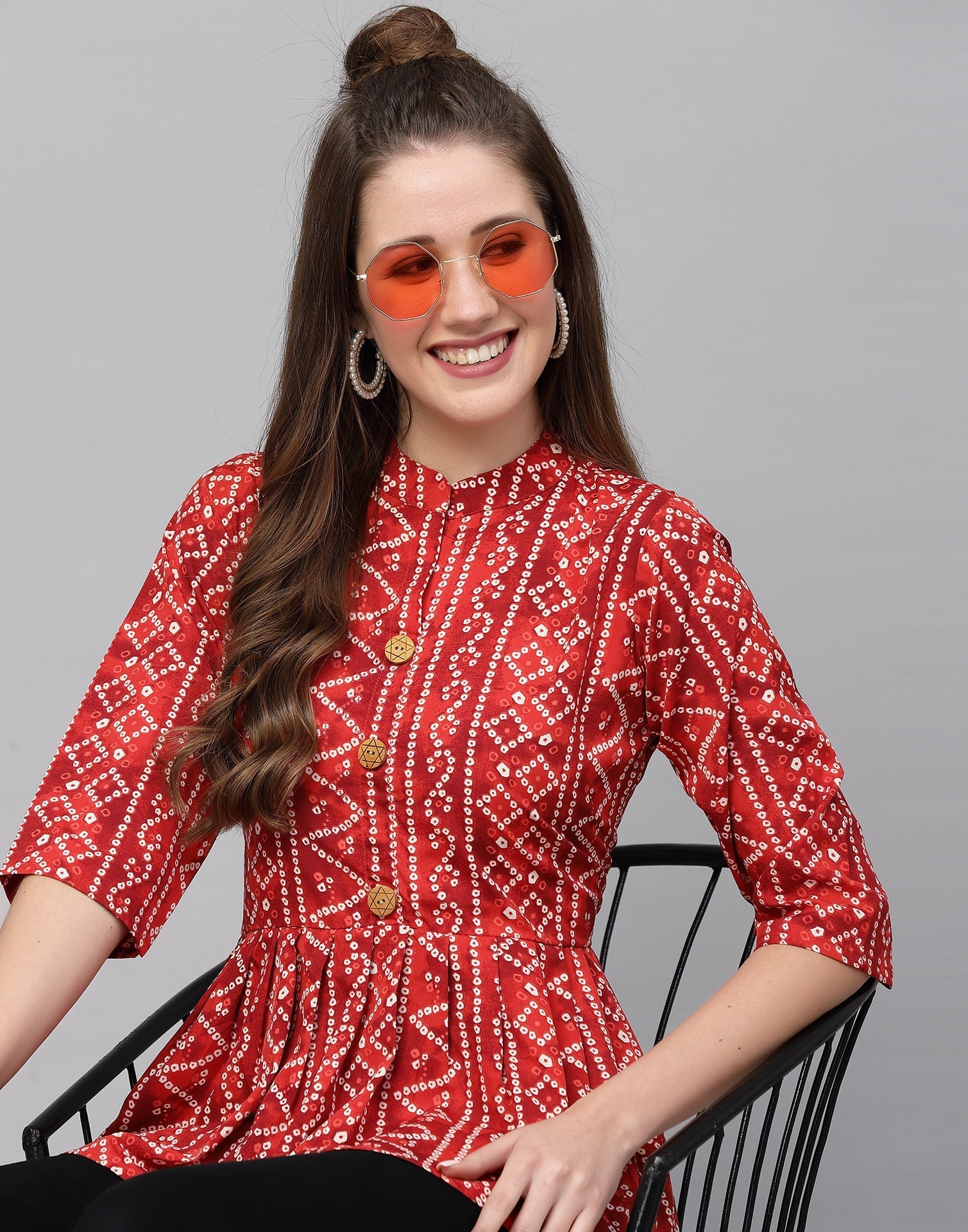 Red Gathered Bandhani Printed Top | Sudathi