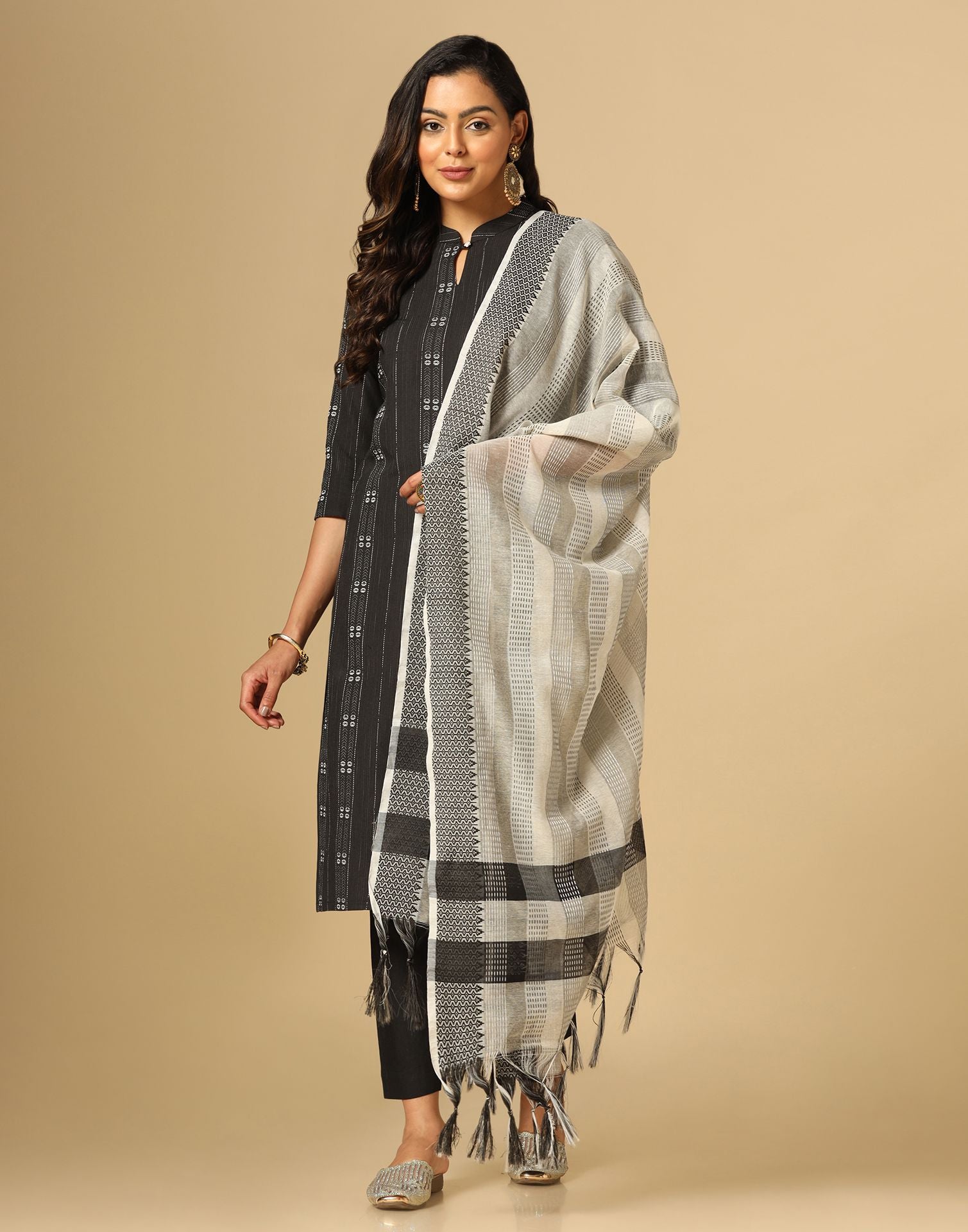 Black Cotton Woven Straight Kurta With Pant And Dupatta | Leemboodi