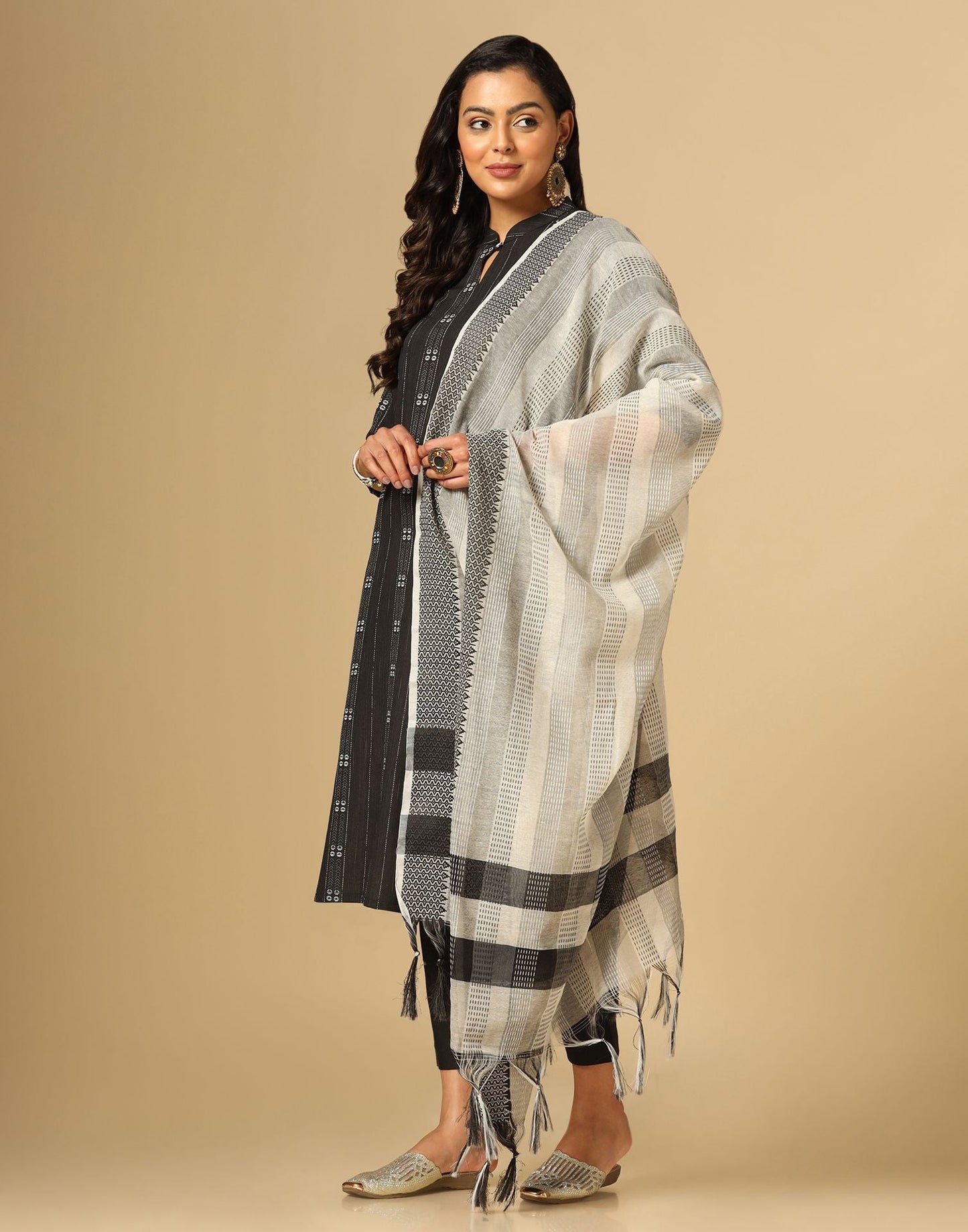 Black Cotton Woven Straight Kurta With Pant And Dupatta | Leemboodi