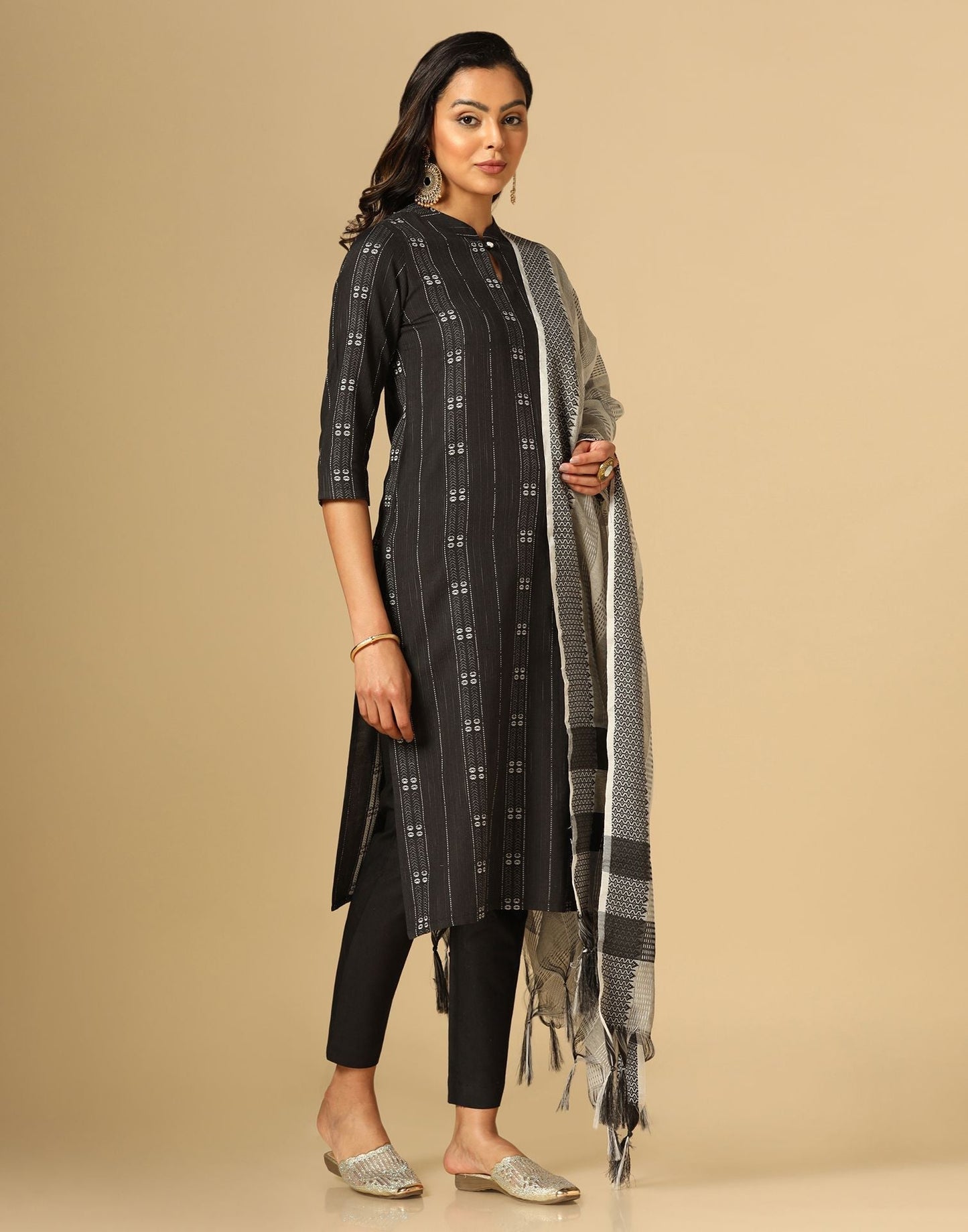 Black Cotton Woven Straight Kurta With Pant And Dupatta | Leemboodi