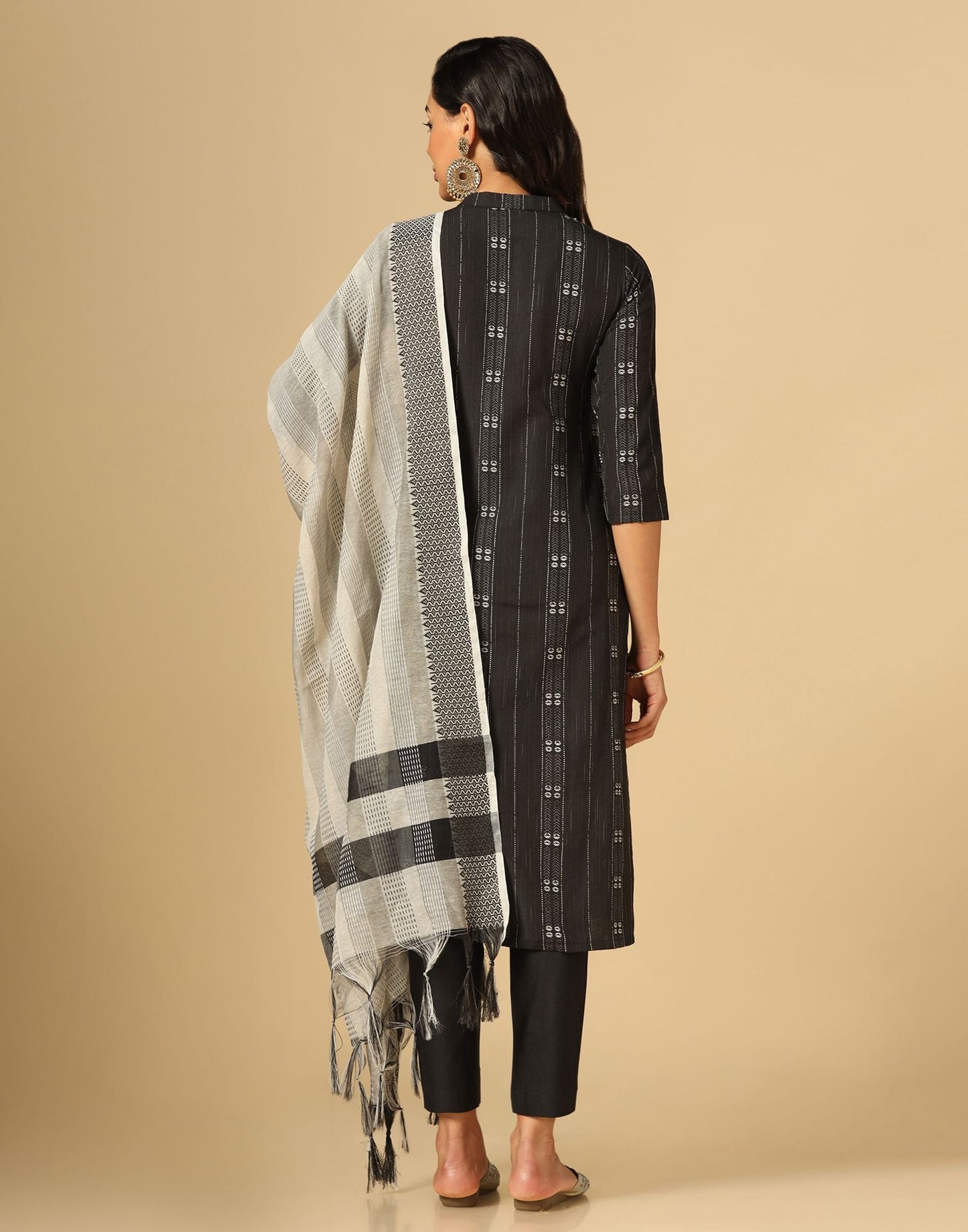 Black Cotton Woven Straight Kurta With Pant And Dupatta | Leemboodi