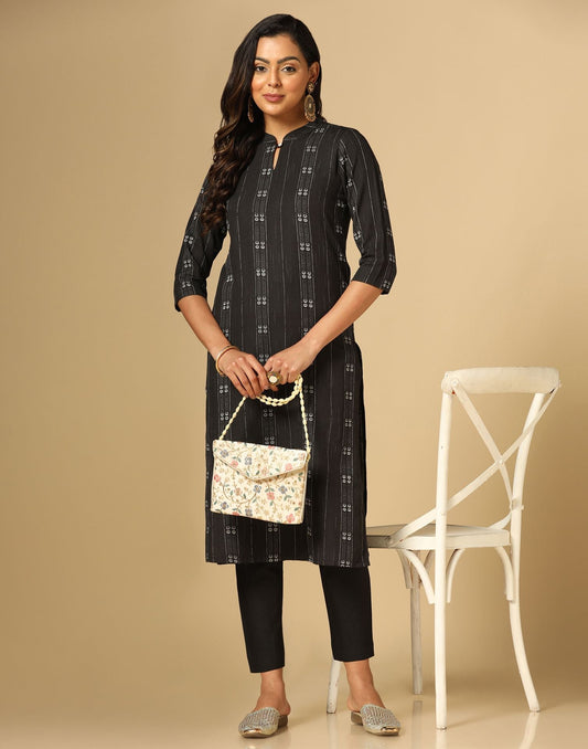 Black Cotton Woven Straight Kurta With Pant Set | Leemboodi