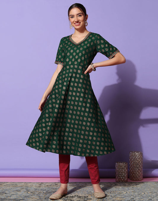 Dark Green Plain Chinnon A-Line Kurta