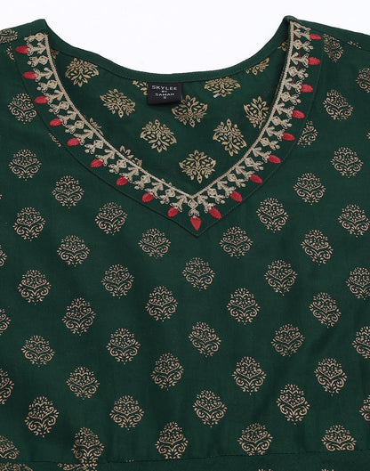Dark Green Plain Chinnon A-Line Kurta