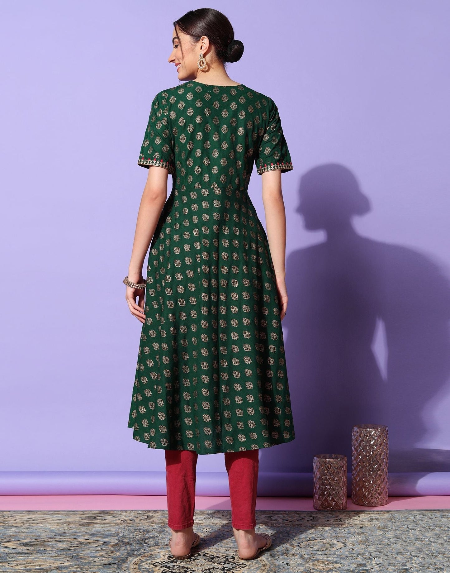 Dark Green Plain Chinnon A-Line Kurta