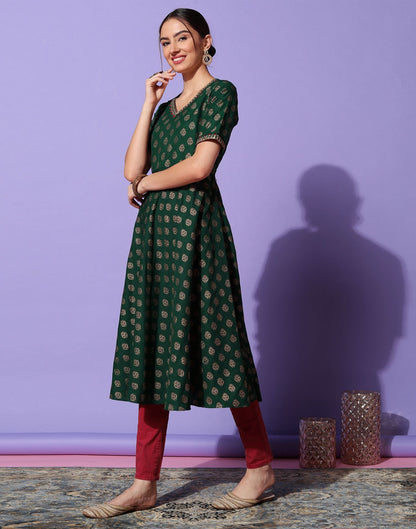 Dark Green Plain Chinnon A-Line Kurta