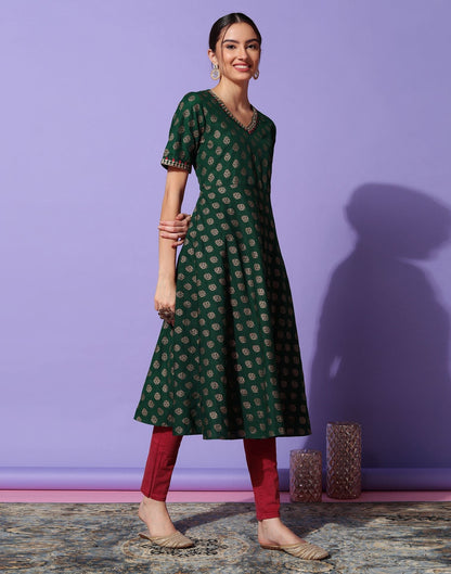 Dark Green Plain Chinnon A-Line Kurta