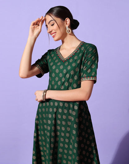 Dark Green Plain Chinnon A-Line Kurta