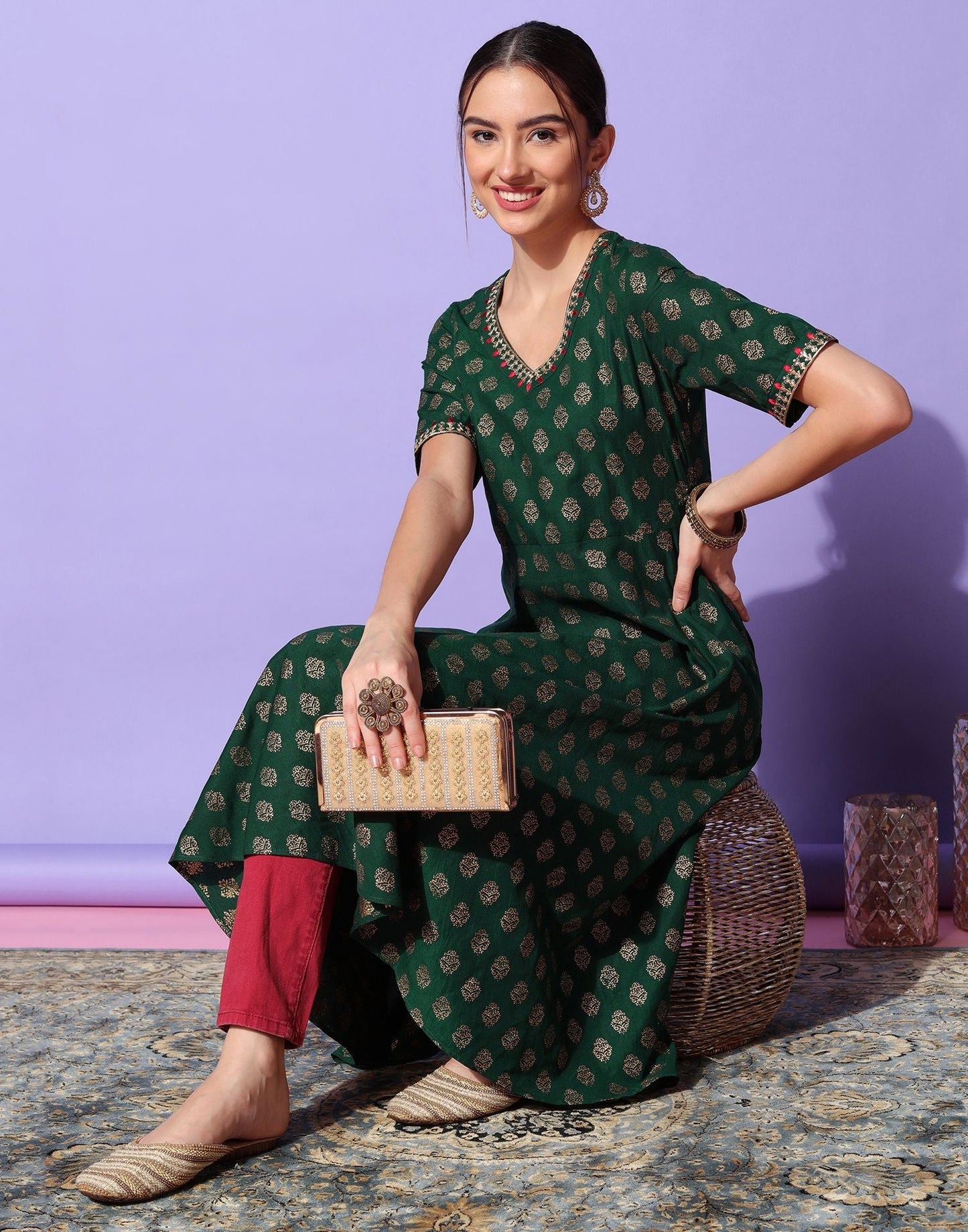Dark Green Plain Chinnon A-Line Kurta