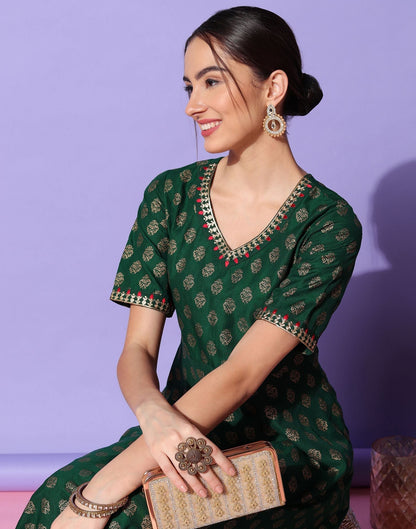 Dark Green Plain Chinnon A-Line Kurta
