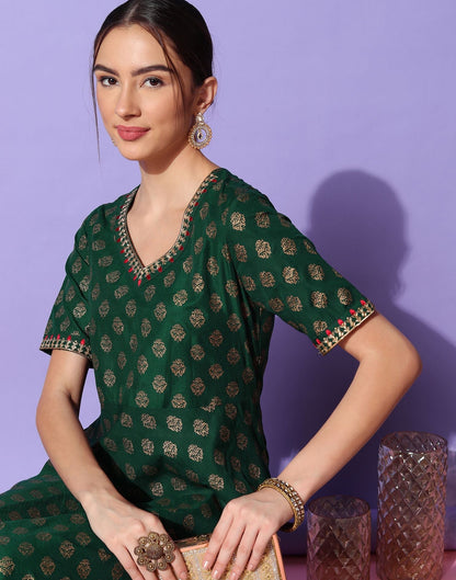 Dark Green Plain Chinnon A-Line Kurta
