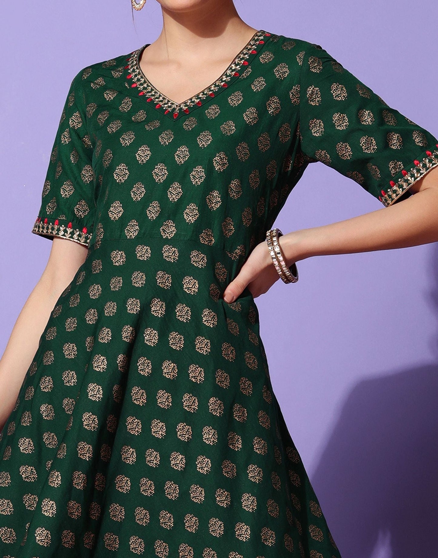 Dark Green Plain Chinnon A-Line Kurta
