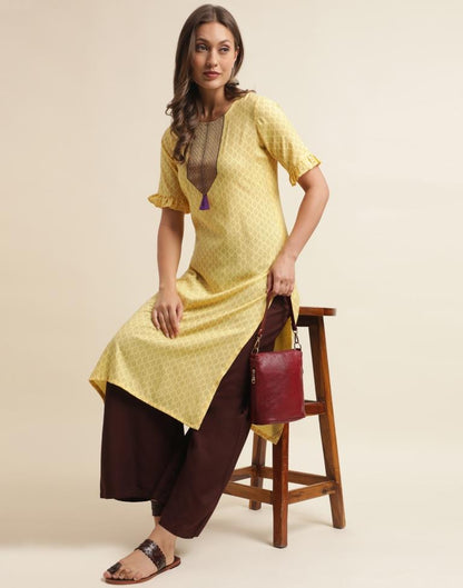 Yellow Cotton Printed Straight Kurta | Sudathi