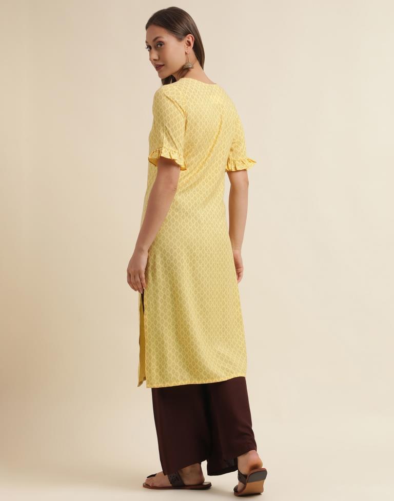 Yellow Cotton Printed Straight Kurta | Sudathi