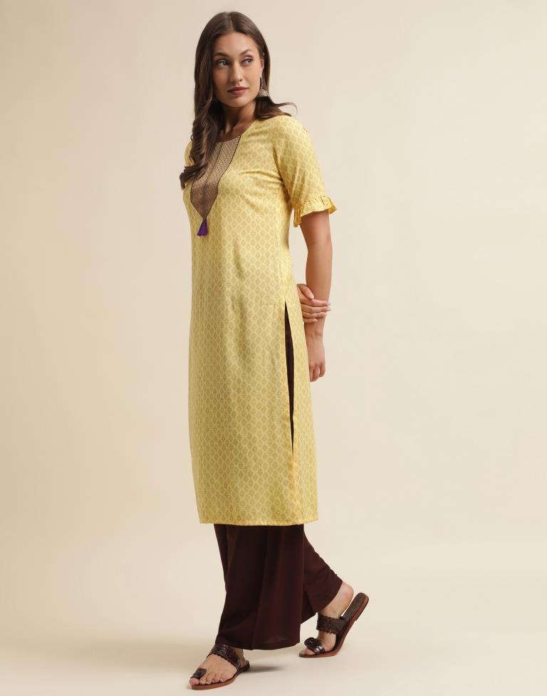 Yellow Cotton Printed Straight Kurta | Sudathi