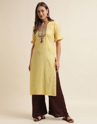 Yellow Cotton Printed Straight Kurta | Sudathi