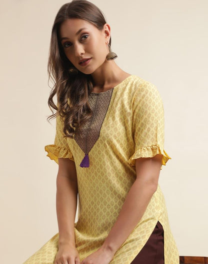 Yellow Cotton Printed Straight Kurta | Sudathi