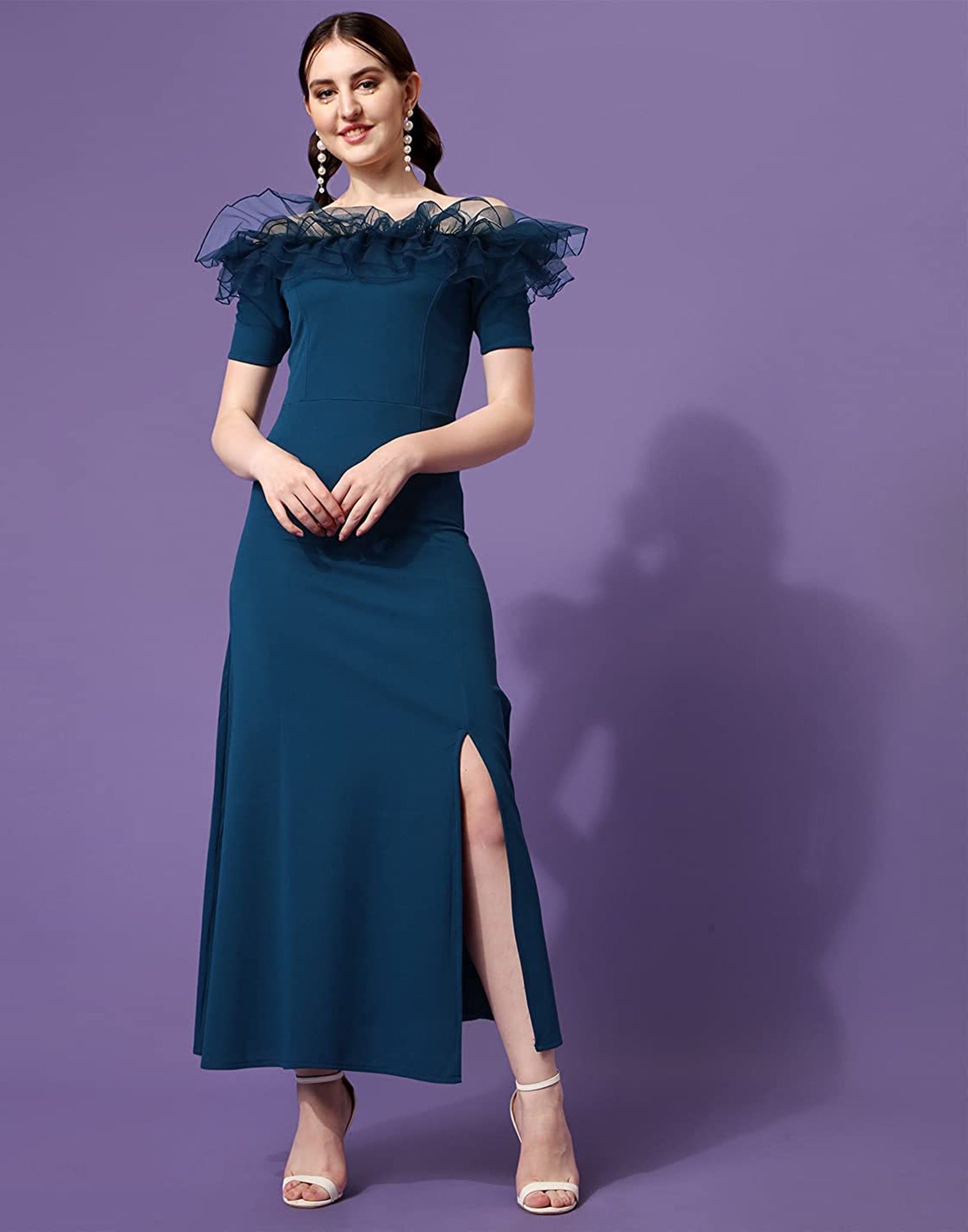 Teal Ruffle Sleeves Slit Dress | Sudathi