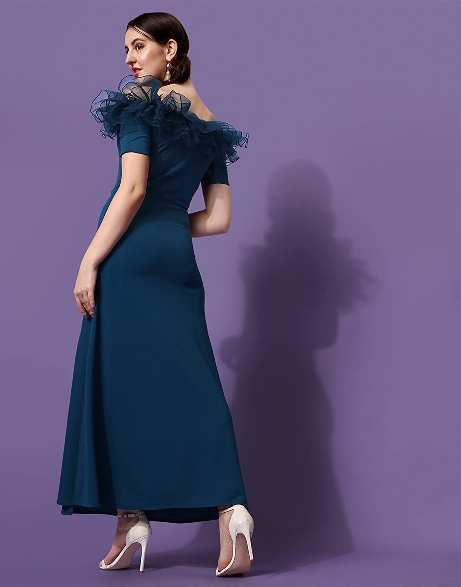 Teal Ruffle Sleeves Slit Dress | Sudathi