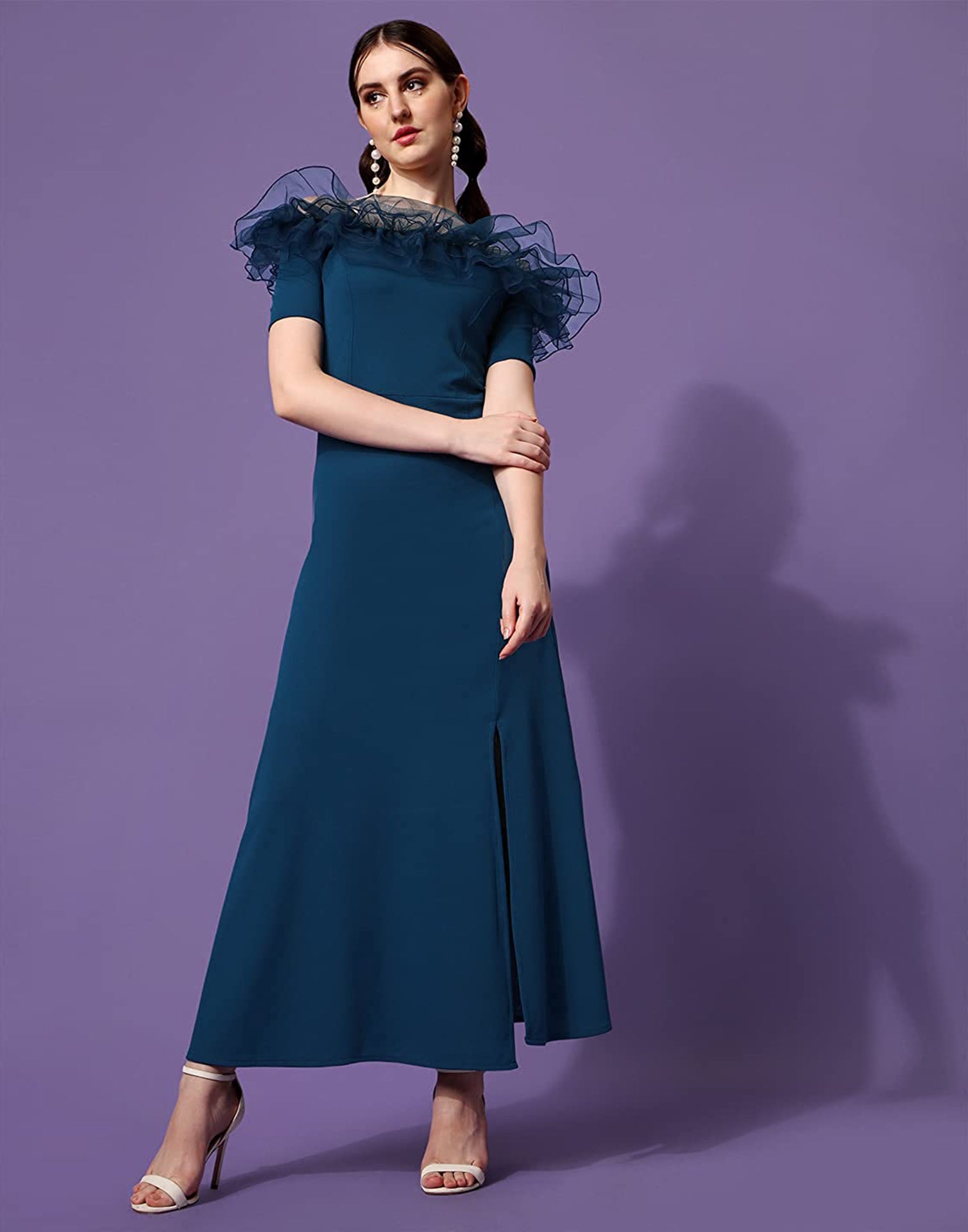 Teal Ruffle Sleeves Slit Dress | Sudathi