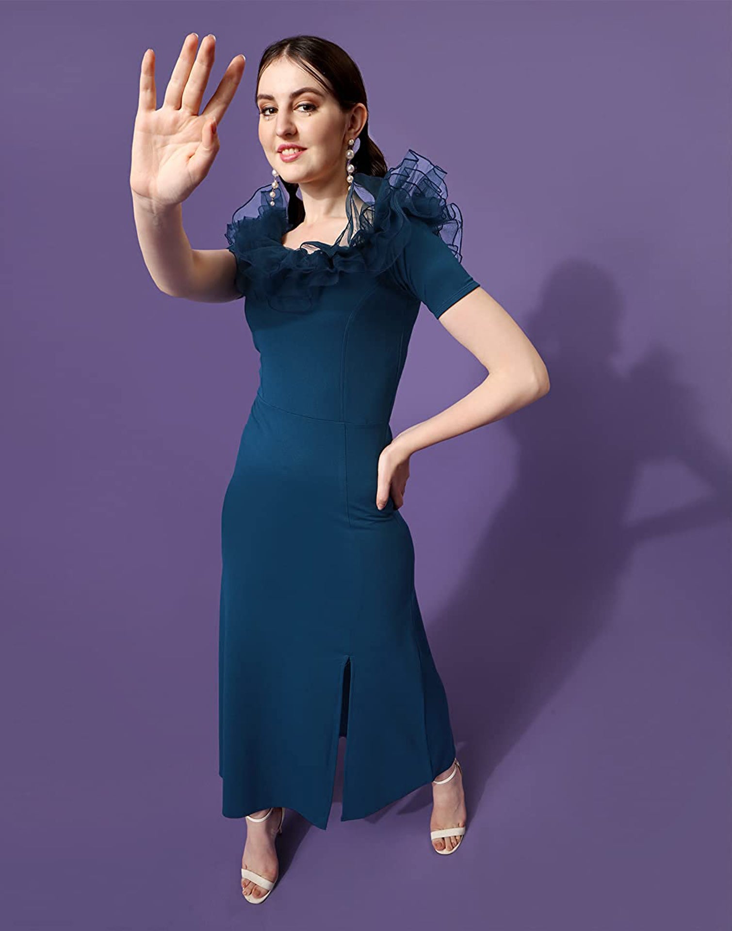 Teal Ruffle Sleeves Slit Dress | Sudathi