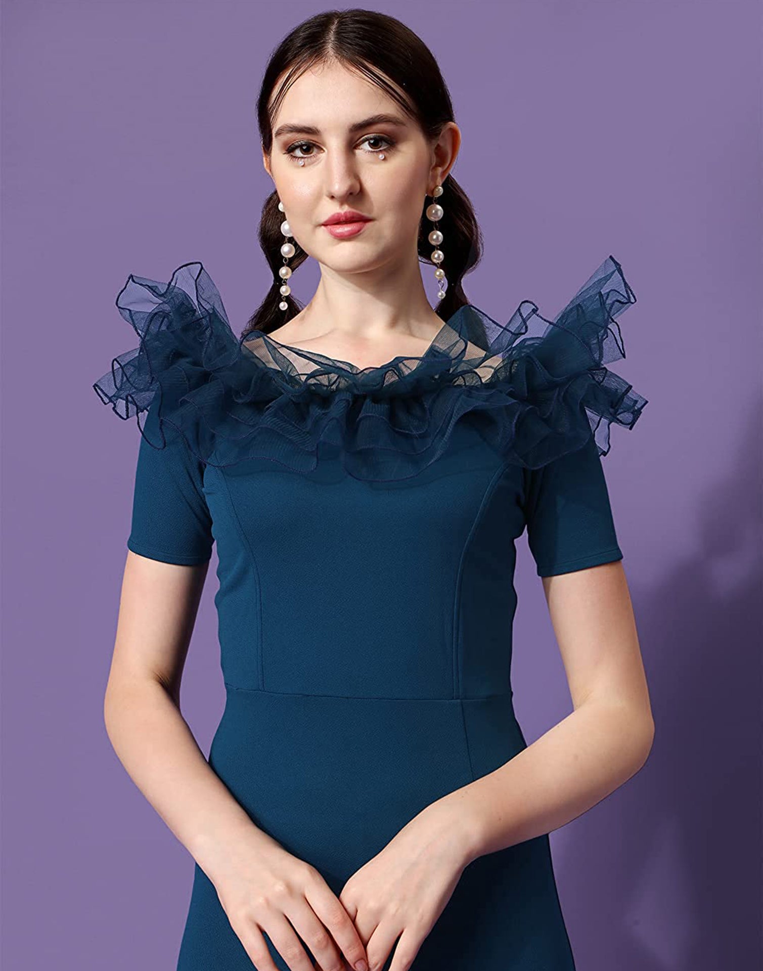 Teal Ruffle Sleeves Slit Dress | Sudathi