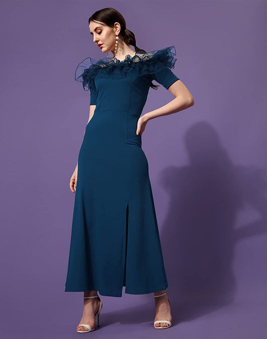 Teal Ruffle Sleeves Slit Dress | Sudathi