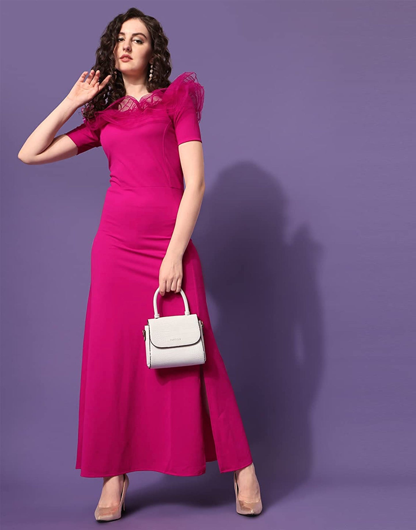 Pink Ruffle Sleeves Slit Dress | Sudathi