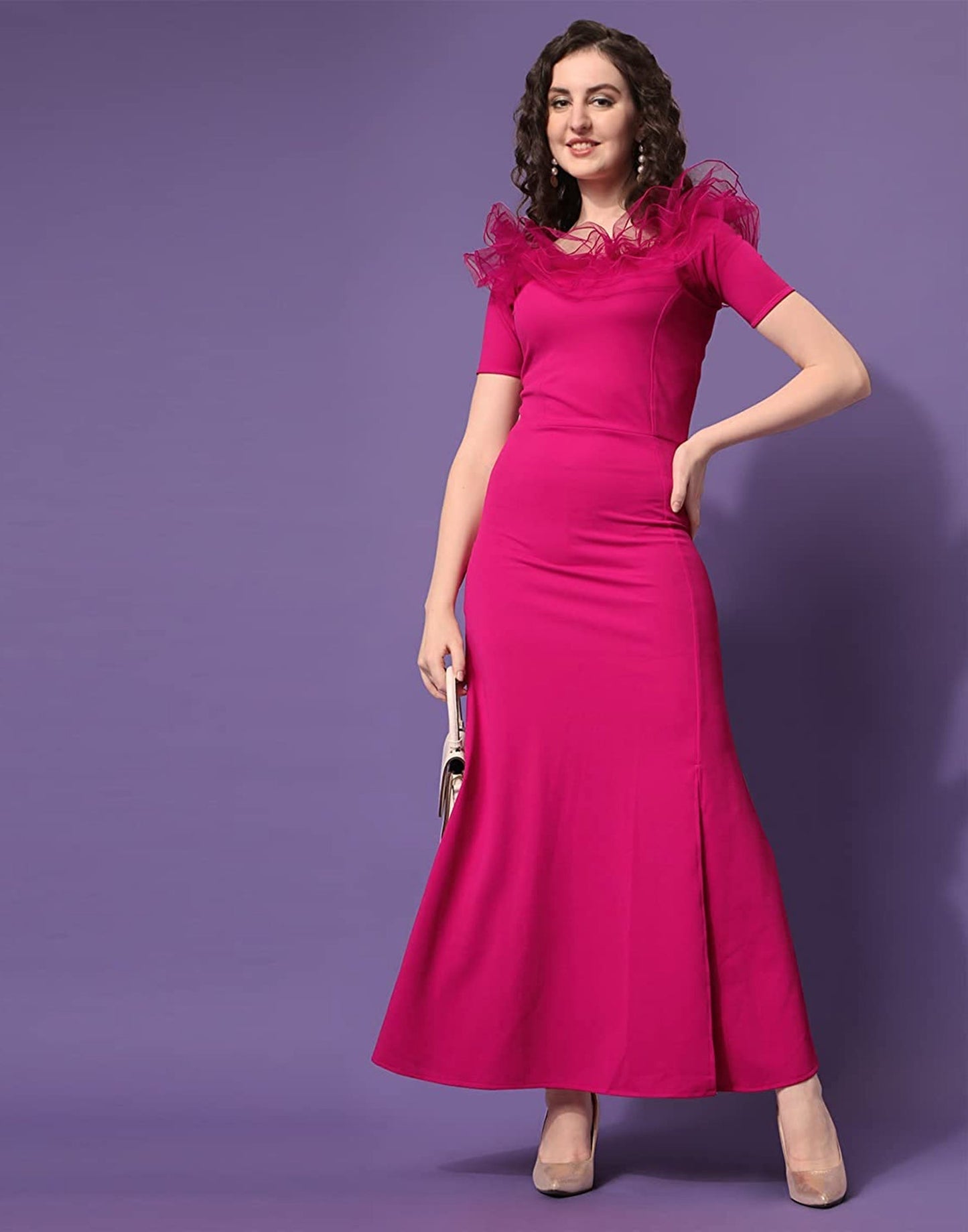 Pink Ruffle Sleeves Slit Dress | Sudathi