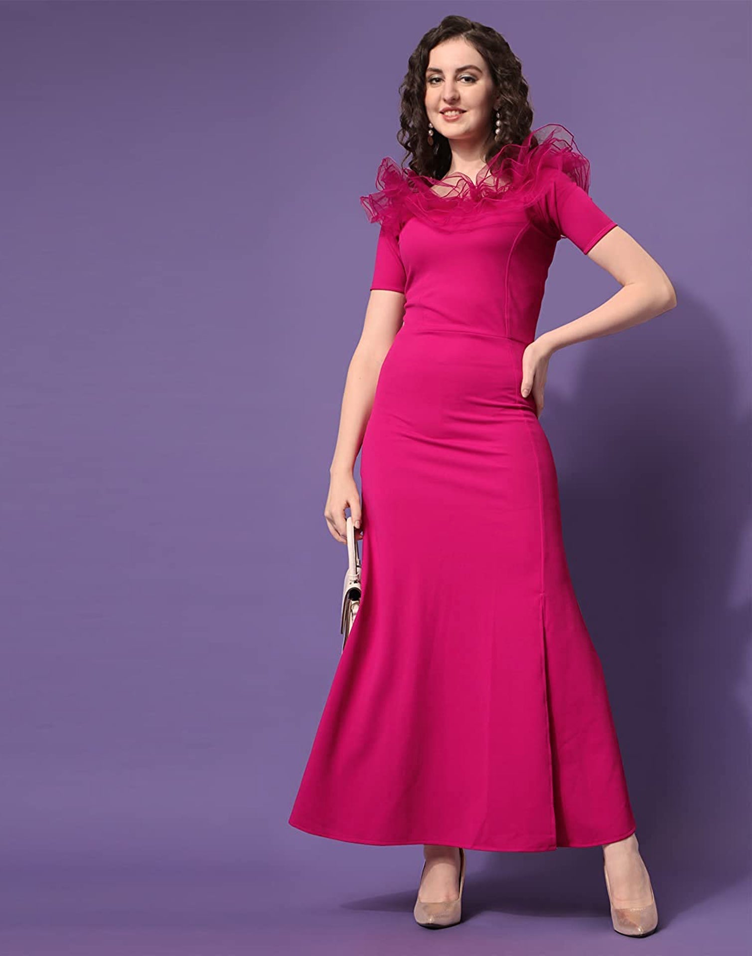 Pink Ruffle Sleeves Slit Dress | Sudathi